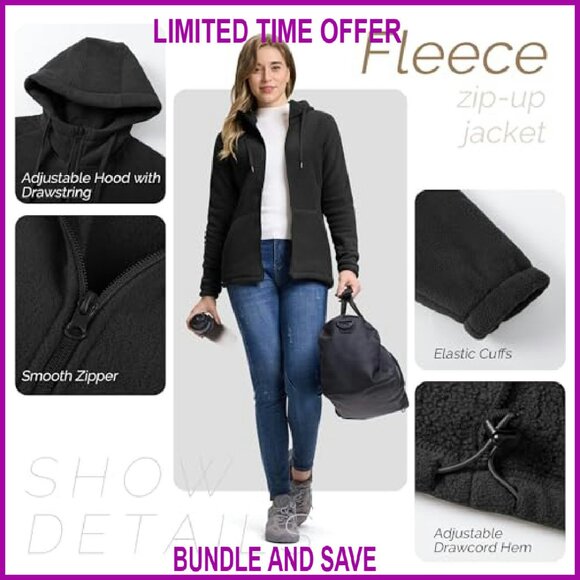 Women's Full Zip Hooded Fleece Jacket with 6 Pockets, Warm Soft Polar Fleece - Picture 6 of 7